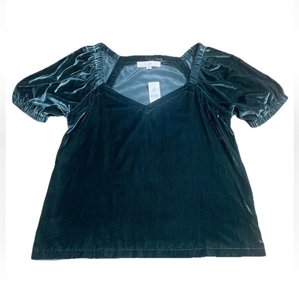 NWT LOFT Blouse Womens S Emerald Green Velvet Puff Sleeve Sweetheart Neck Fairy